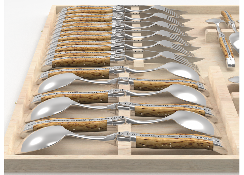 Service Laguiole de 24 pièces avec un manche en bois de bouleau et mitres en acier inoxydable