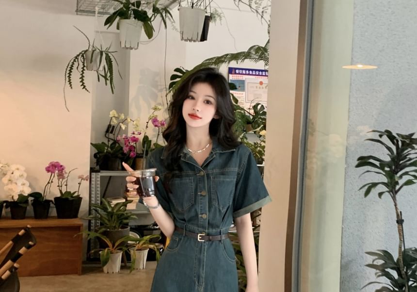 Secolo - Set: Midi-jurk met kraag, halfgeknoopt denim, elleboogmouwen en riem