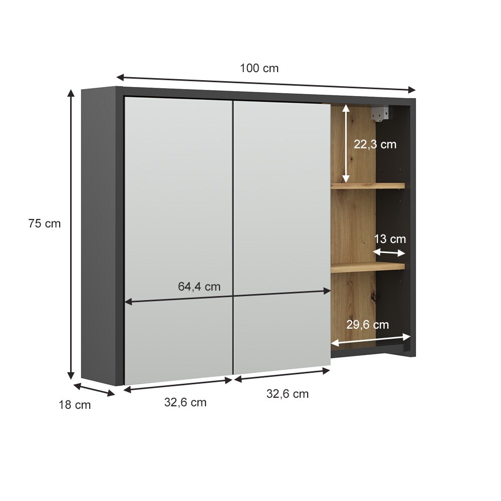 Vicco Spiegelschrank Badschrank Badezimmermöbel Viola Anthrazit Eiche modern 100x75 cm Badspiegel Badezimmer Schrank Badmöbel Schranktür Schrankfach