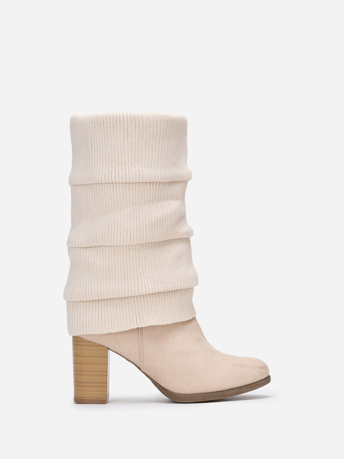 Bottes à talon en suédine et maille- Beige