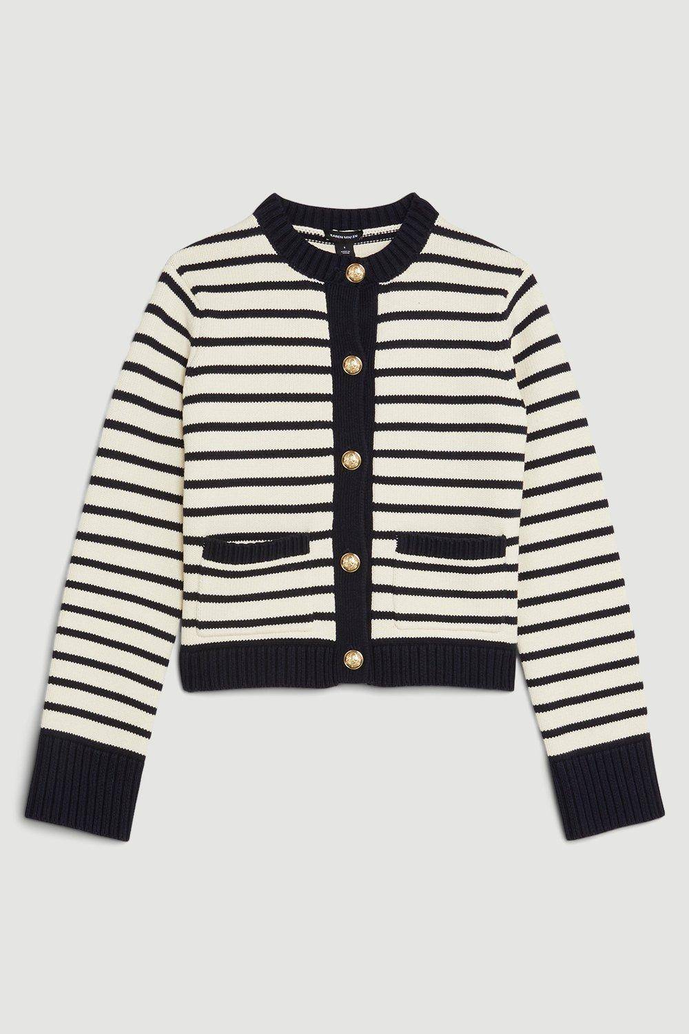 KarenMillen Cardigan en tricot court en coton à rayures et à coupe boxy