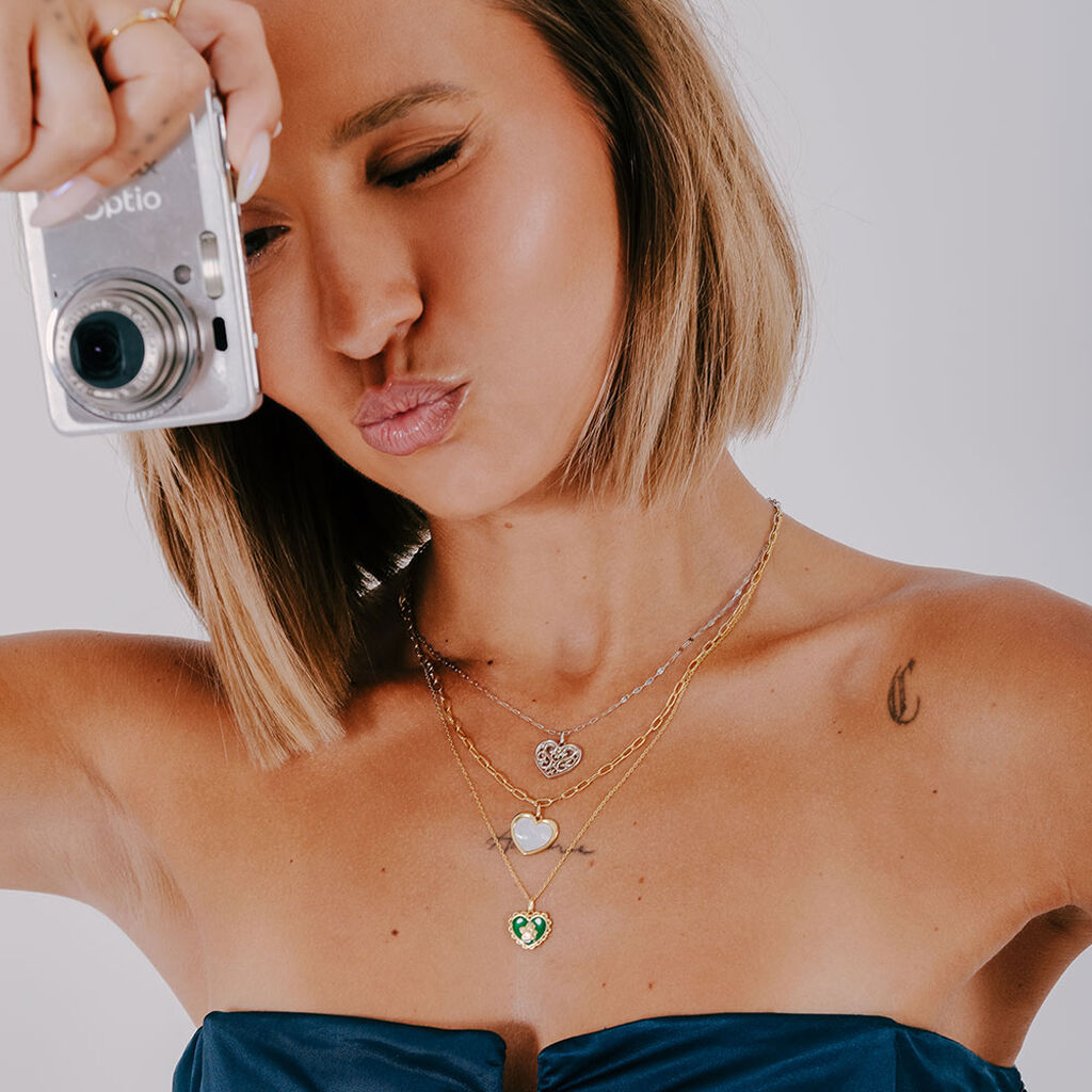 Collier Argent Dore Ange Cœur Plein Email Vert