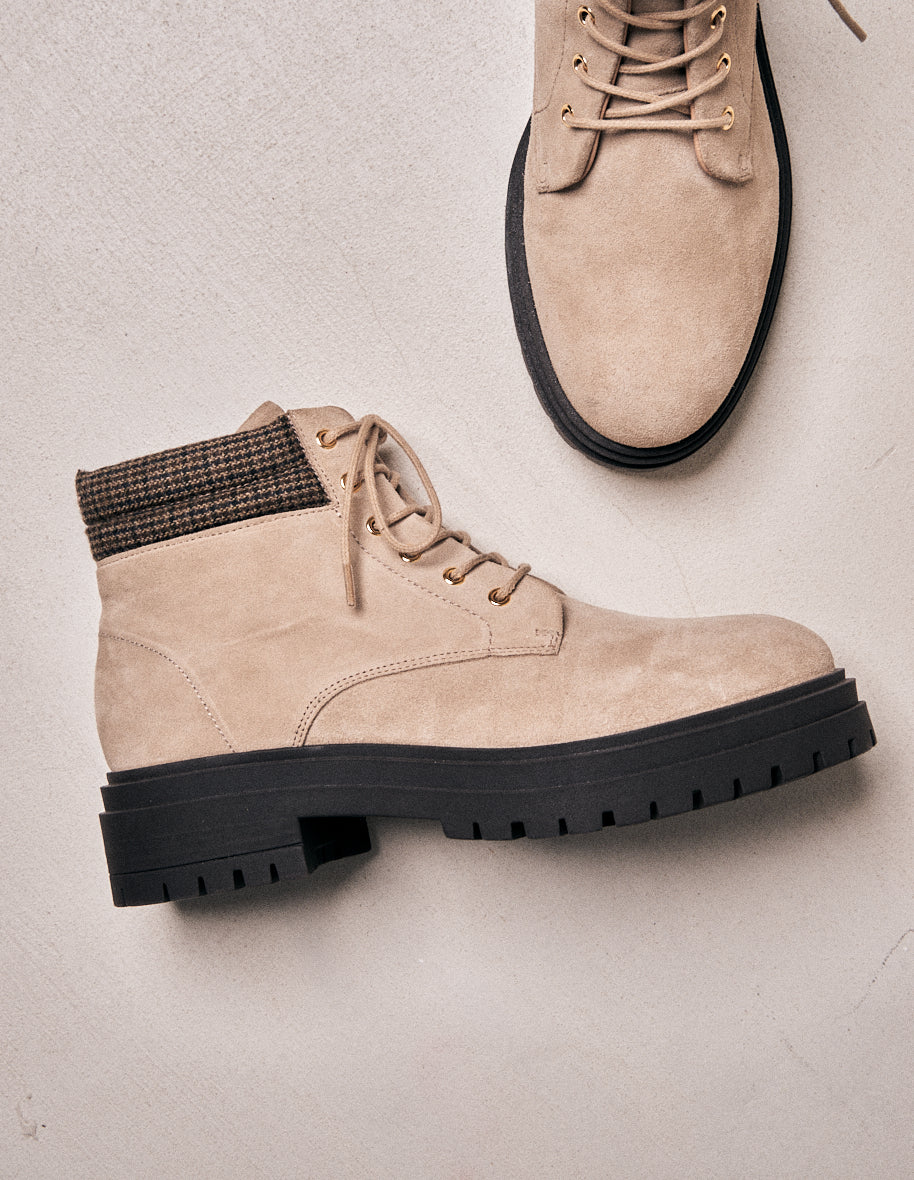 Bottines à lacets Lucette - Suède taupe et tweed