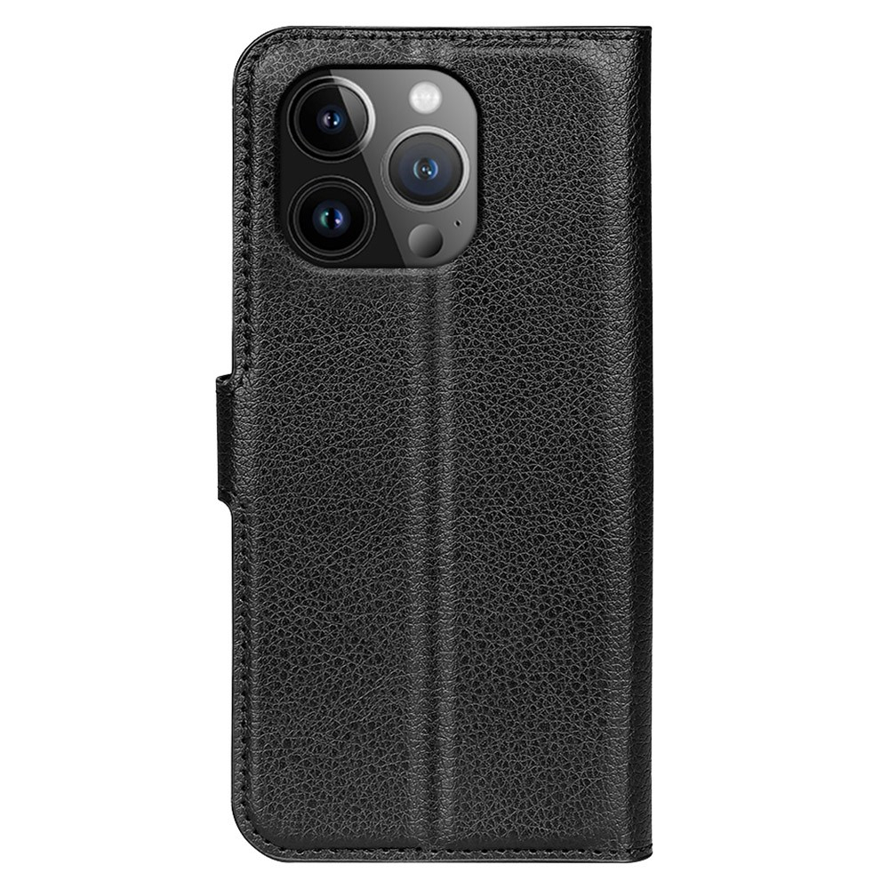 iPhone 15 Pro Leder Tasche Flip Cover Litchi Look - Schwarz