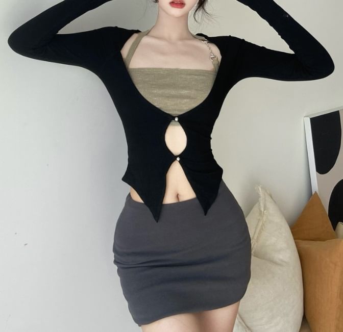 Sosana - Set: Balletcore lange mouwen crop top met gerimpelde rand + halternek crop top