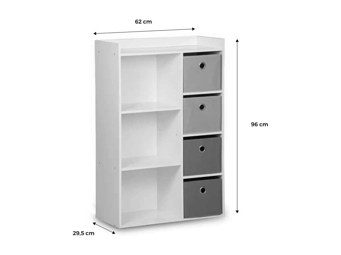 Meuble de rangement pour enfant. blanc - Camille - avec 7 compartiments et 4 paniers gris et roses
