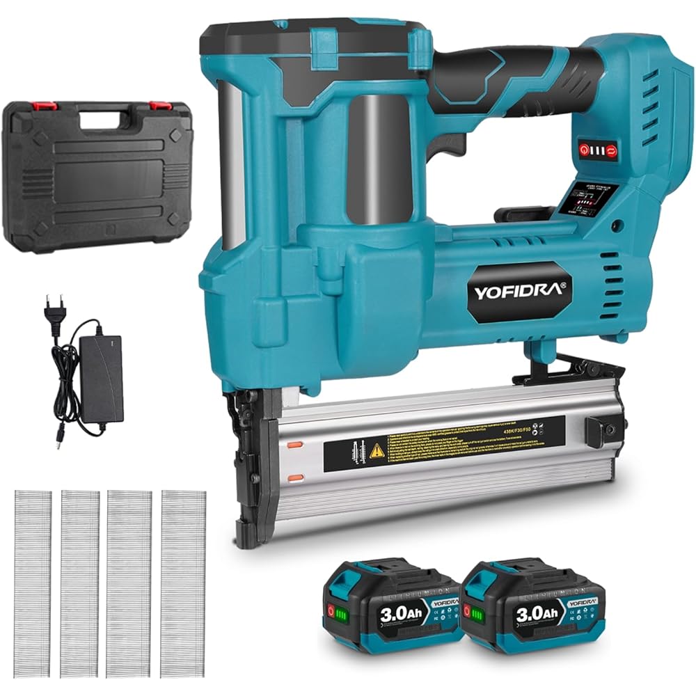 Yofidra Agrafeuse 2 en 1 sans fil - 20 V Agrafeuse Cloueuse électrique sans balais avec batteries 2x3.0Ah, réglage de la profondeur, lumière LED, avec 300 clous et 100 pinces, pour le travail du bois : Bricolage
