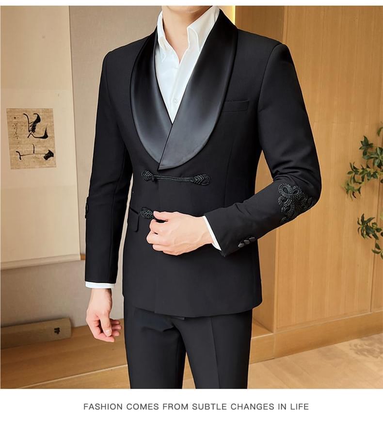 Sheck - Set: Sjaalkraag effen dubbelrijs blazer + middelhoge effen wijde broek
