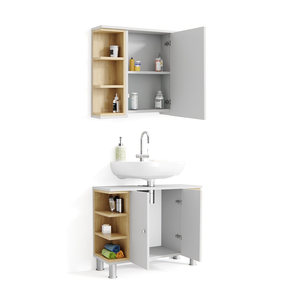 Vicco Badmöbel Set AQUIS Weiß Eiche Spiegel Waschtisch Unterschrank Badezimmer