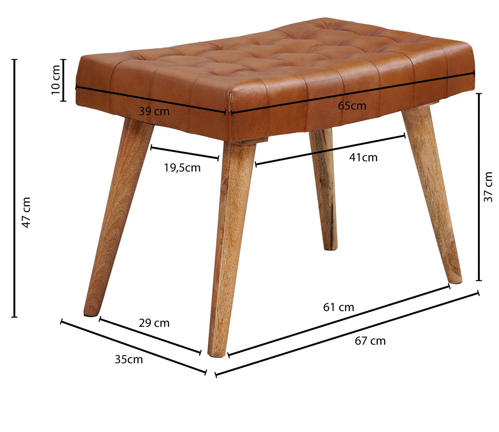 Sitz- und Fußhocker 67 x 47 x 39 cm Ziegenleder Braun/Gestell Mango Massivholz