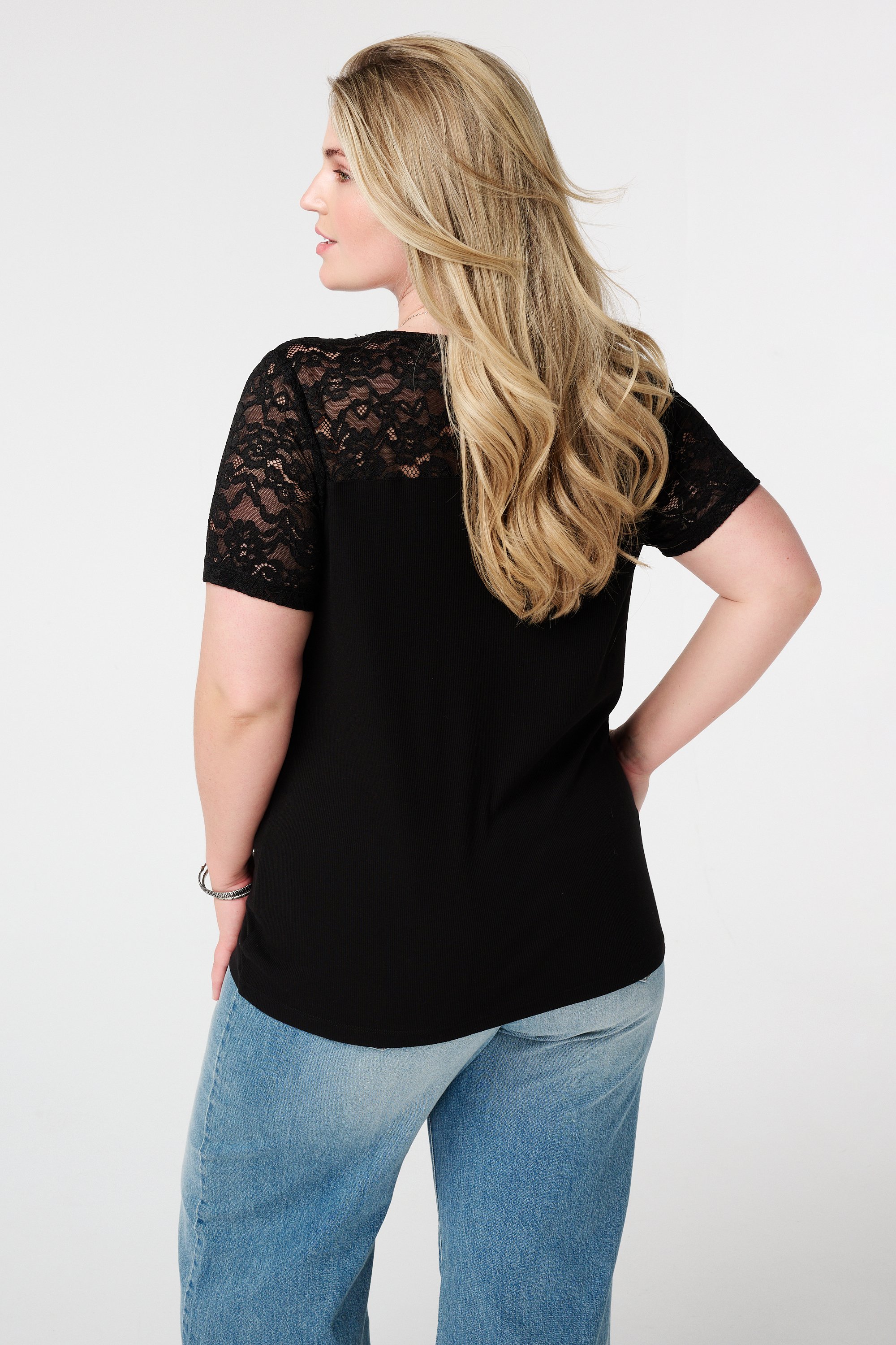 Rib t-shirt met kant Zwart