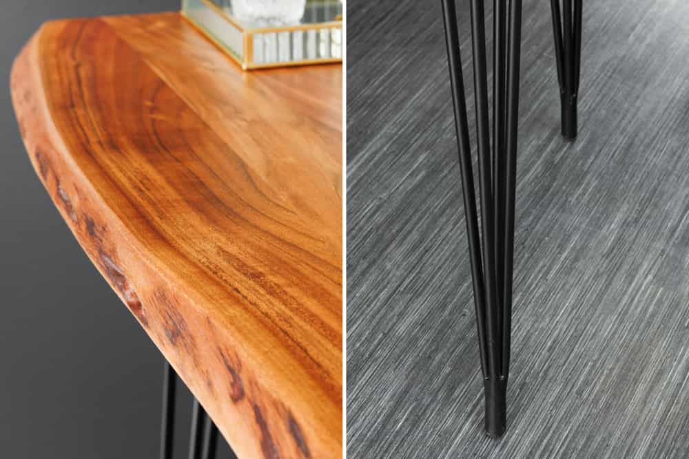 Massivholz Bartisch MAMMUT 140cm natur Akazie Baumkante Metall schwarz Hairpin Legs