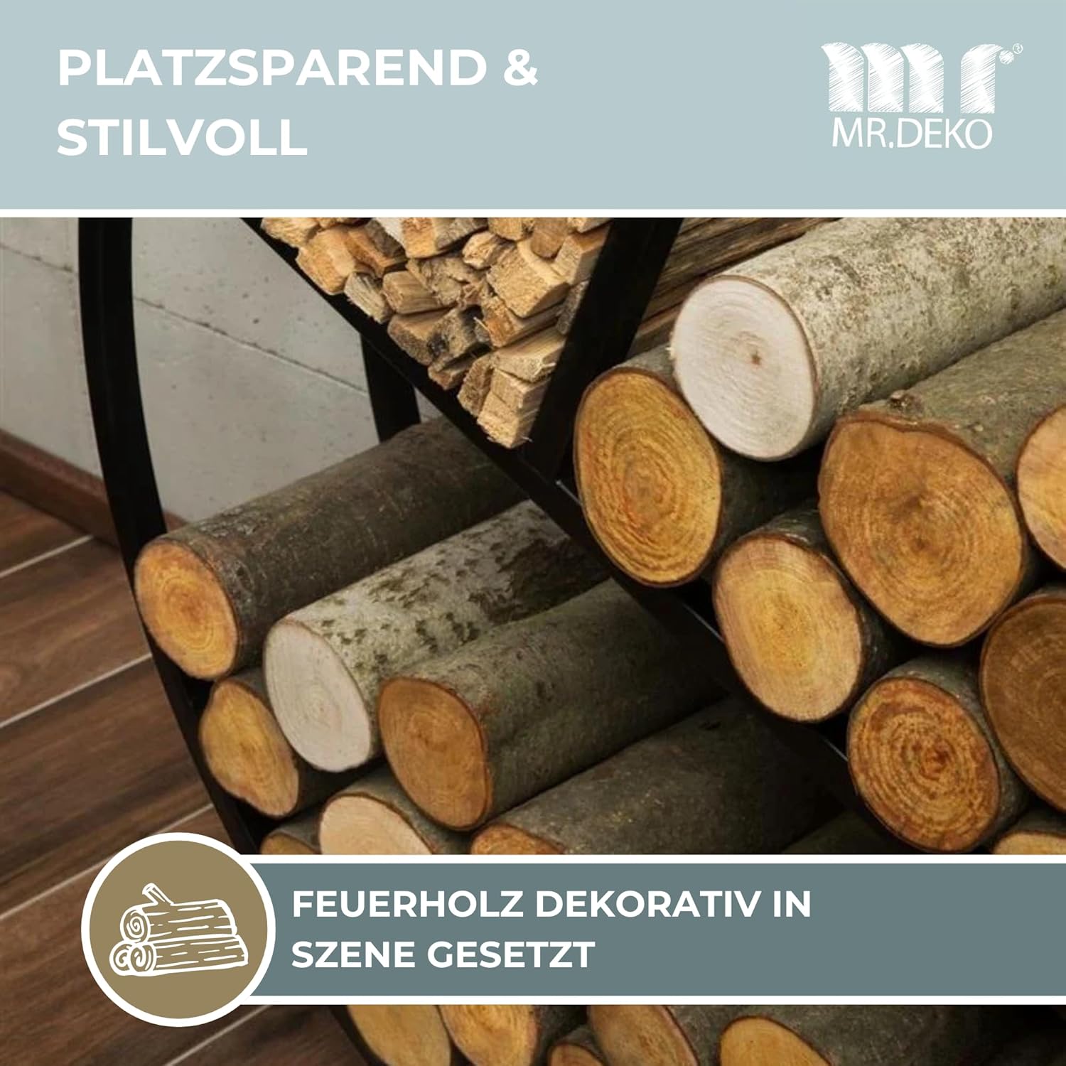 MR. DEKO BENE ON FIRE Kaminholzregal rund Kalifornien 80 cm | rundes Brennholzregal Metall schwarz | Holzlager dekorativ für Kamin Wohnzimmer | Feuerholzregal Garten Terrassen | Kaminholzunterstand