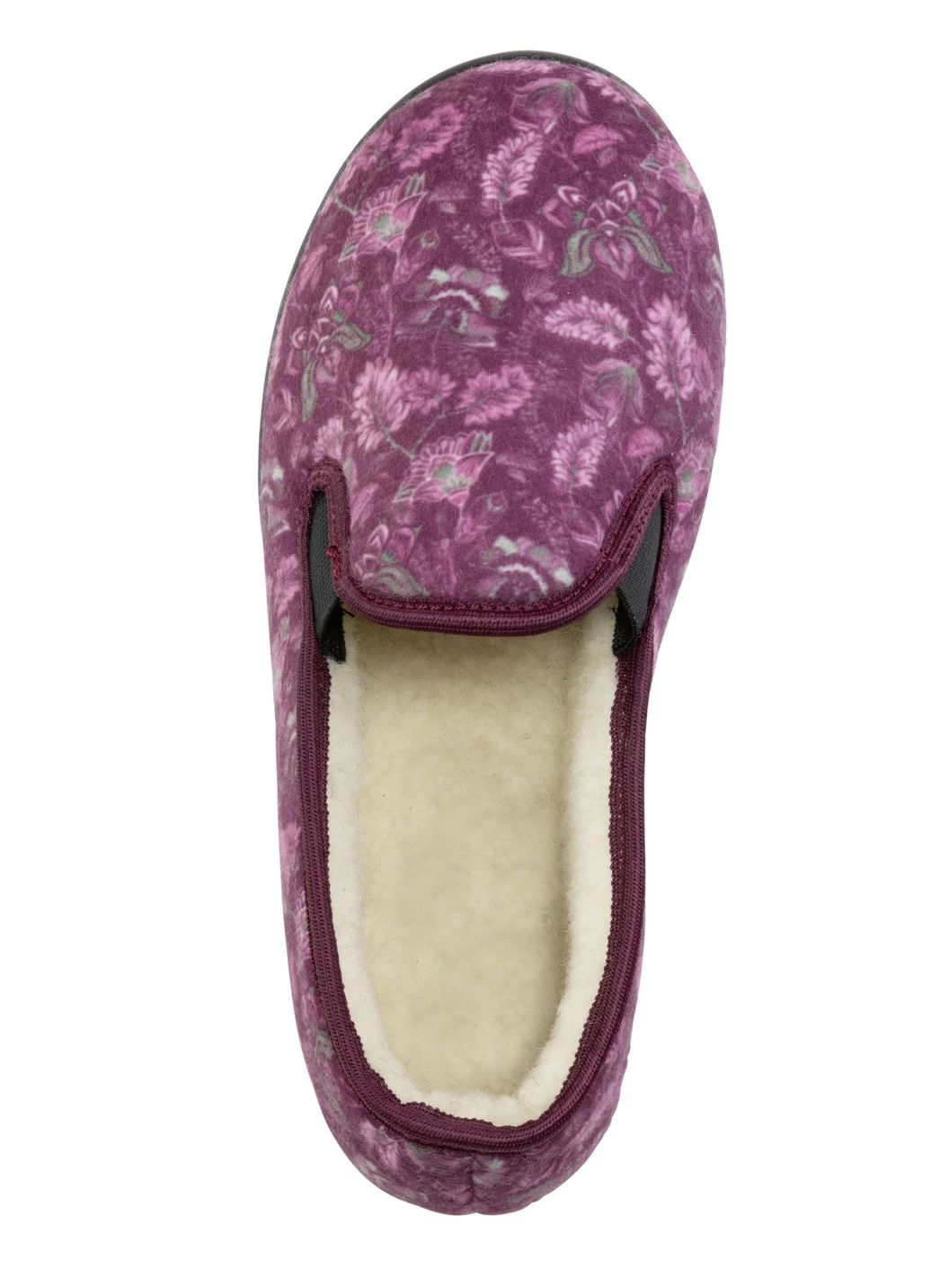 Hausschuh aus floral bedrucktem Textilmaterial