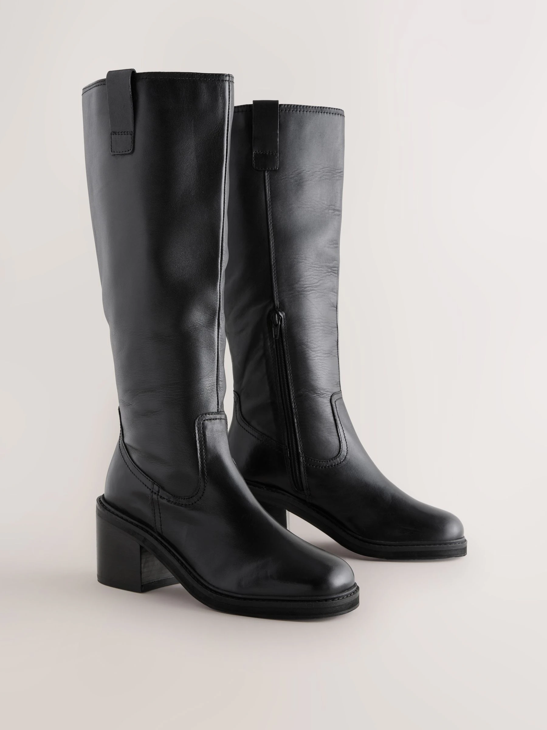 Zwart leer - Square Toe Chunky Knee High Boots