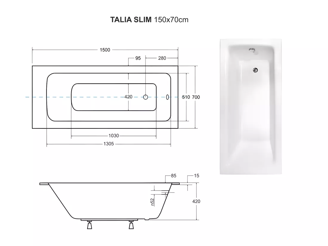 Baignoire rectangulaire blanche à encastrer + repose tête - 150 x 70 cm - TALIA SLIM