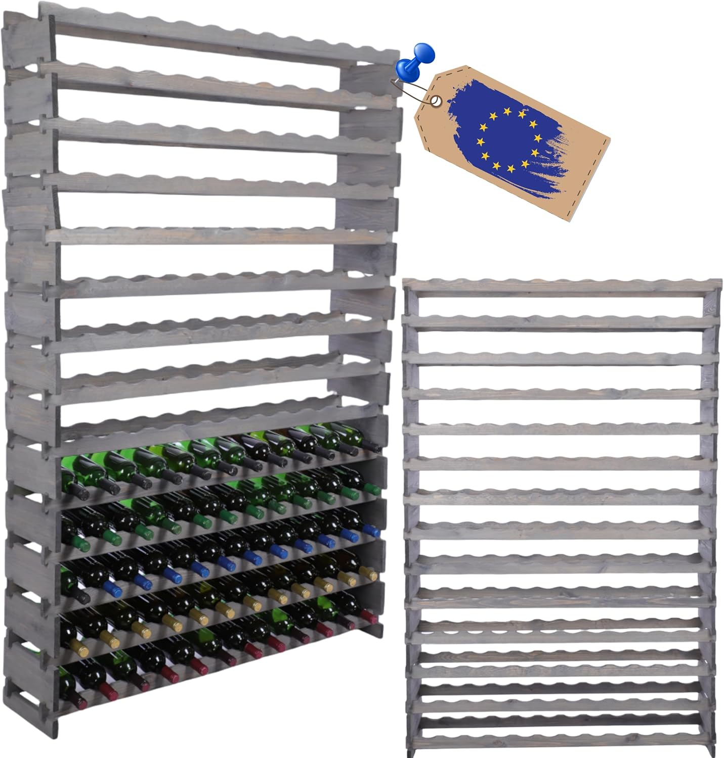 Weinregal, Holzregal, Modulares Weinständer, Weinhalter, Flaschenständer, Flaschenregal, Modernes Getränkeregal, Weinschrank, Weinregal für 168 Flaschen, Abmessungen 191x122,4x28 cm, Farbe Grau