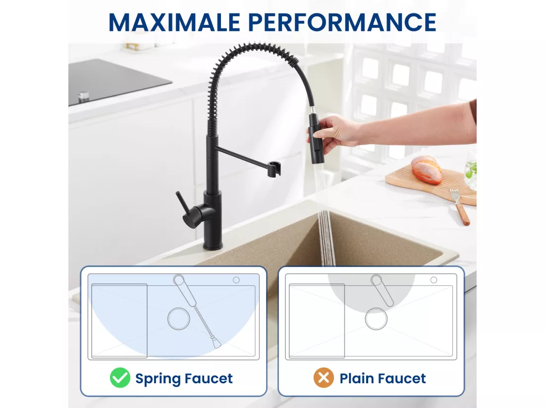 Cecipa max Évier 1 Bac 50*44cm Évier de Cuisine en Inox Évier Encastré Noir Anthracite +Mitigeur de Cuisine à Ressort Noir avec Douchette Extractible