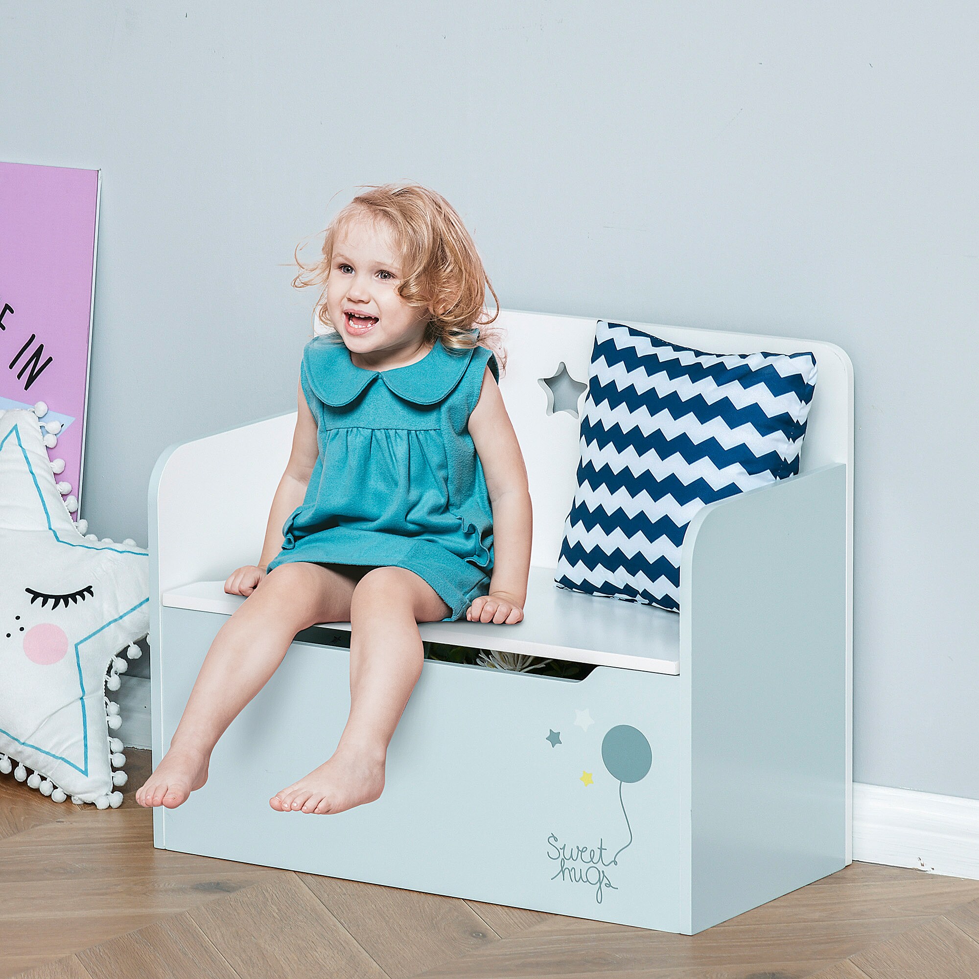 HOMCOM Kinderbank mit Stauraum hellblau 60 x 30 x 50 cm (LxBxH)