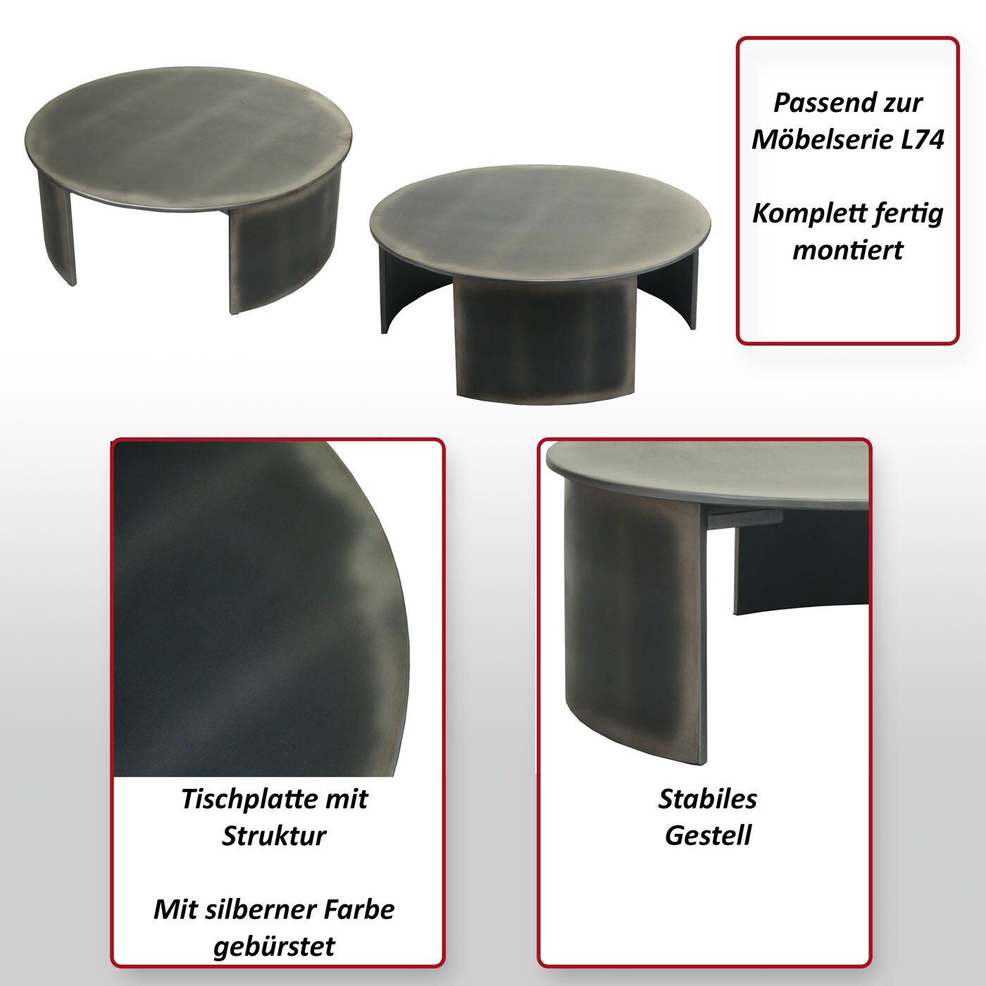 Couchtisch MCW-L74, Beistelltisch Wohnzimmertisch, MVG-zertifiziert Industrial, rund Ø80cm, Metall-Optik gebürstet