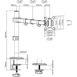 Bras support pour écran, longueur bras 376 mm, noir