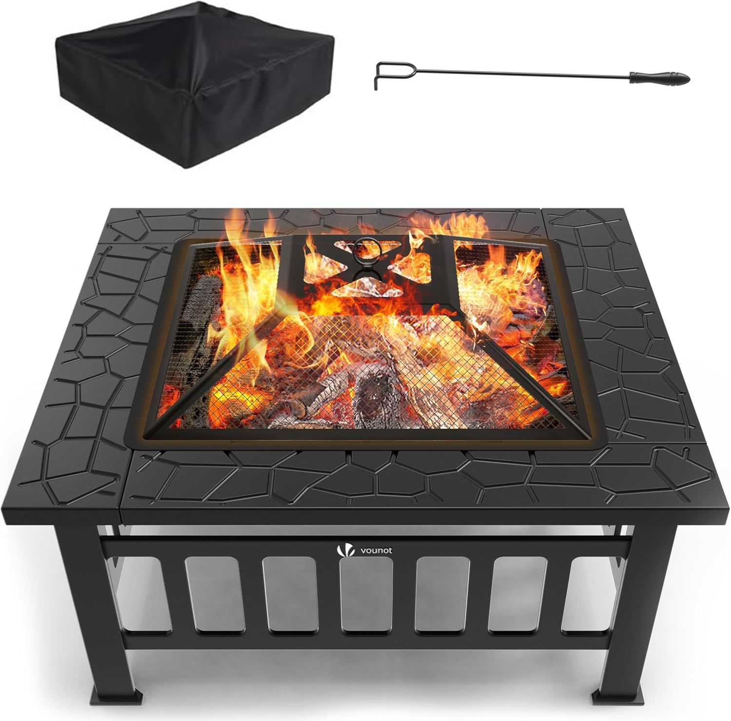 VOUNOT Feuerschale mit Funkenschutz, Feuerstelle Feuerkorb für Garden Terrasse Heizung, mit Wasserfester Schutzhülle, 81x81x45cm