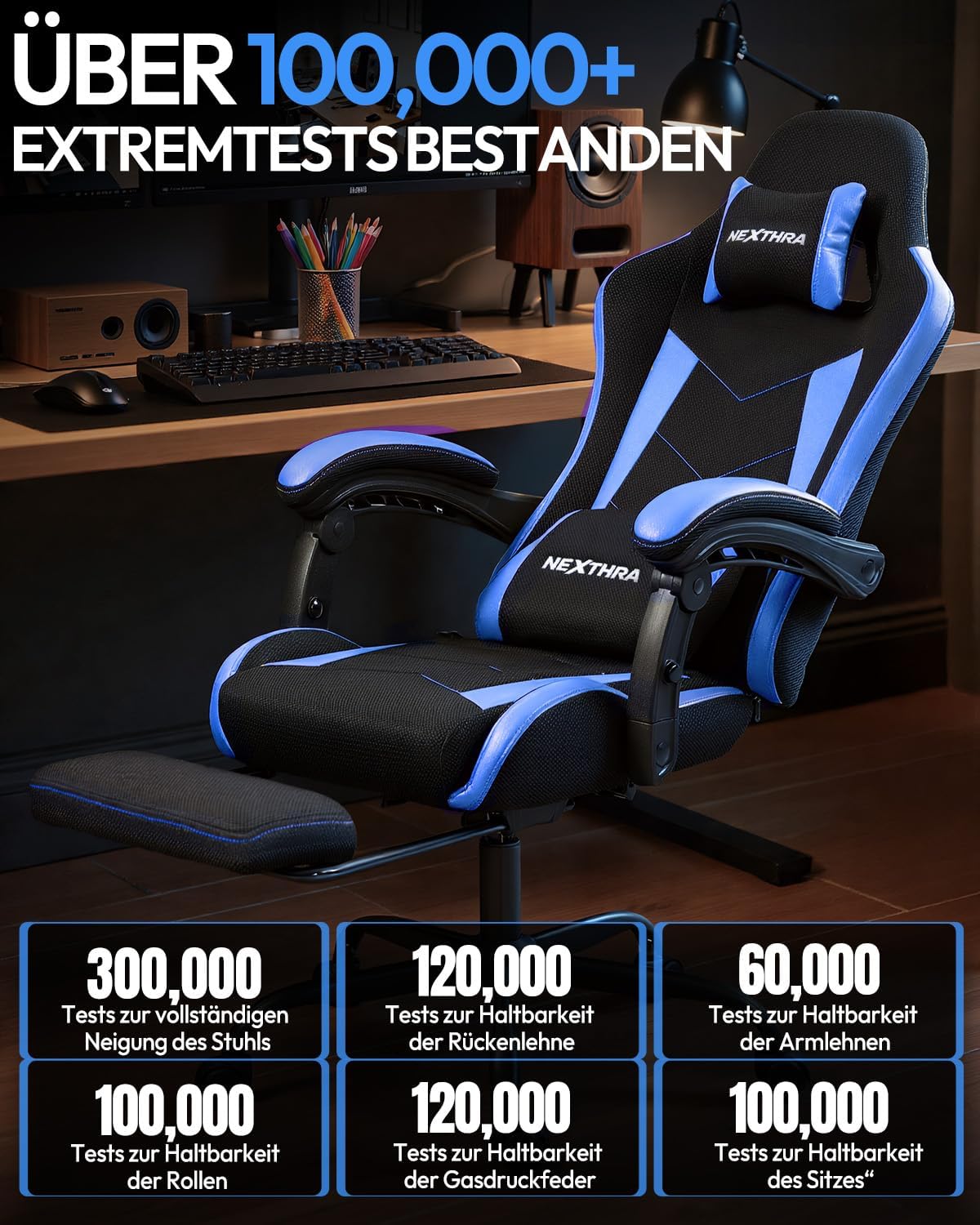 Nexthra Gaming Stuhl Bürostuhl Gaming Sessel mit höhenverstellbaren Linkage-Armlehnen, ergonomischer Gamer Stuhl mit Fußstütze, gepolstert Gaming Chair 150° neigbar bis 180 kg, Blau