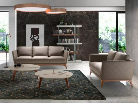 Canapé 2 places contemporain cuir capitonné et bois noyer Kila-Couleur Aqua 23 Chocolat