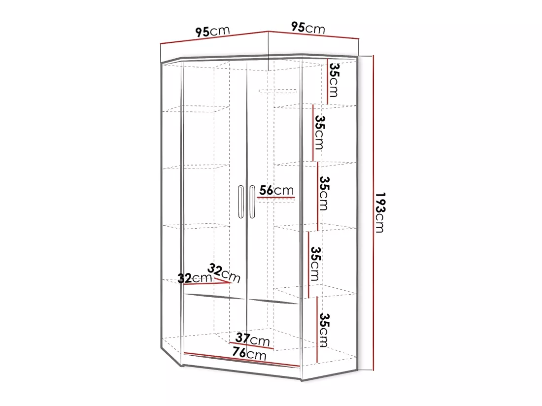 Armoire d'angle Veravie 102, Blanc|Gris clair|Graphite, 193x95x95cm, Nombre d'étagères: 8