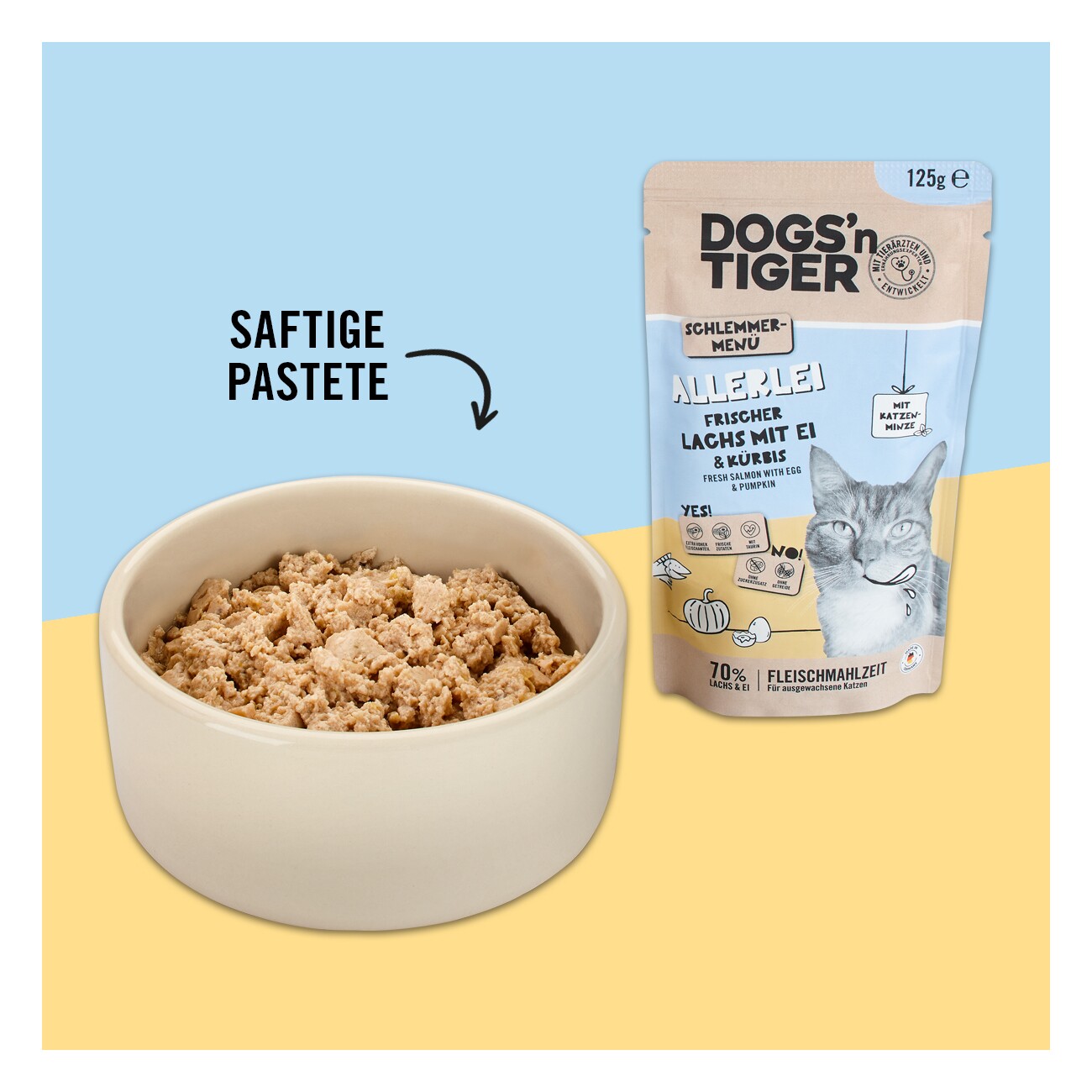 Dogs'n Tiger Adult Nassfutter Katze, Allerlei, Lachs, Ei & Kürbis, 24x 125g