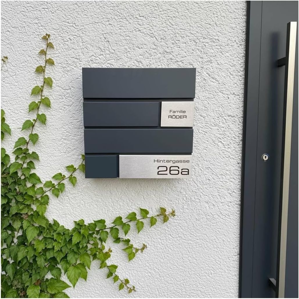 Metzler Briefkasten in Anthrazit Modell G - Pulverbeschichtung in RAL 7016 Feinstruktur Matt - Postkasten mit Gravur und Edelstahl Namensschild - Zur Wand-Montage - Größe: 37 x 37 x 10,5 cm