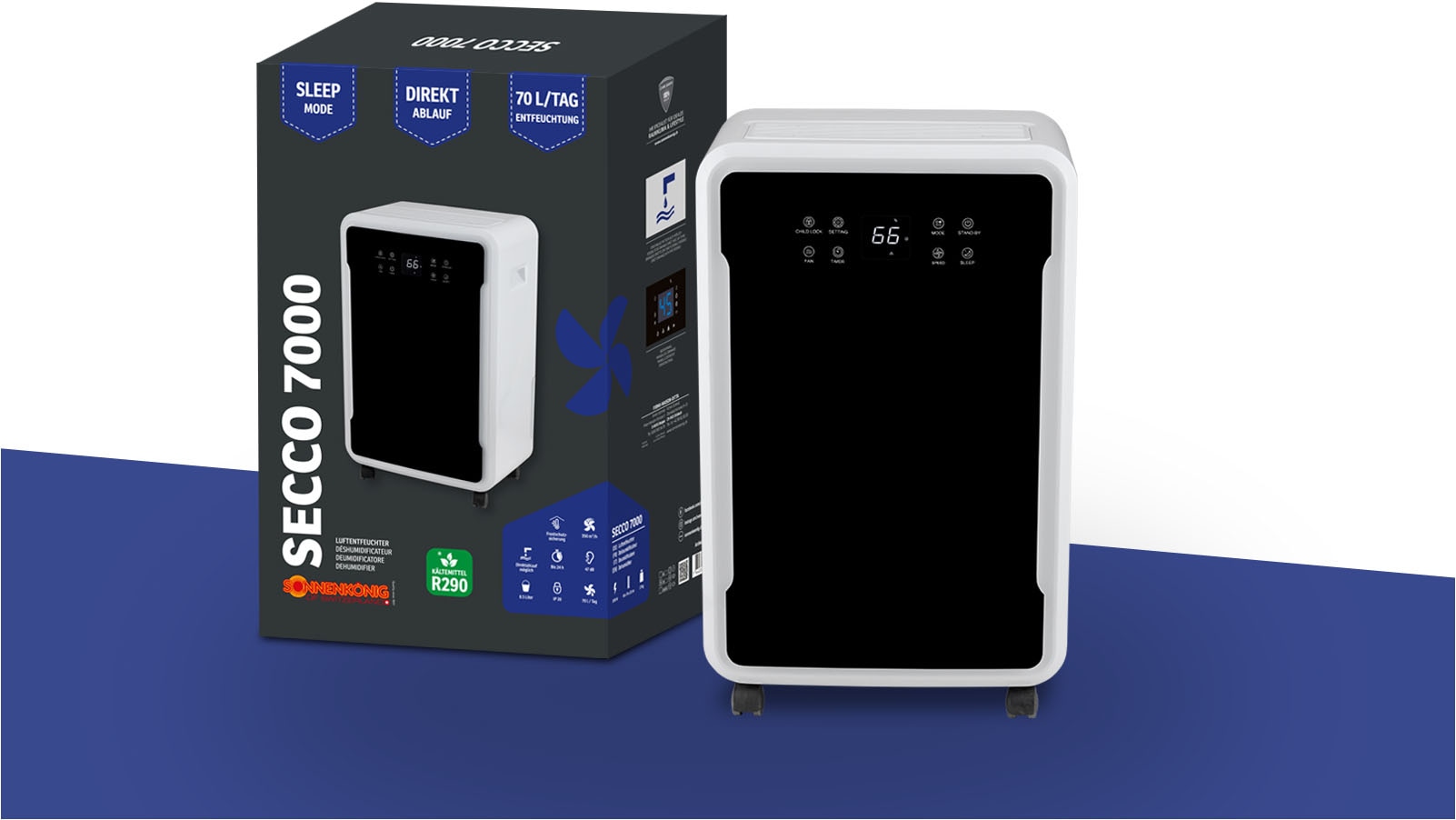 Sonnenkönig Luftentfeuchter »Secco 7000, Leistung 1000W, Entfeuchtungsleistung 70L/24h, 24h Timer« Feuchtigkeitssensor, Wasserstand Indikator, 8.5L Tank