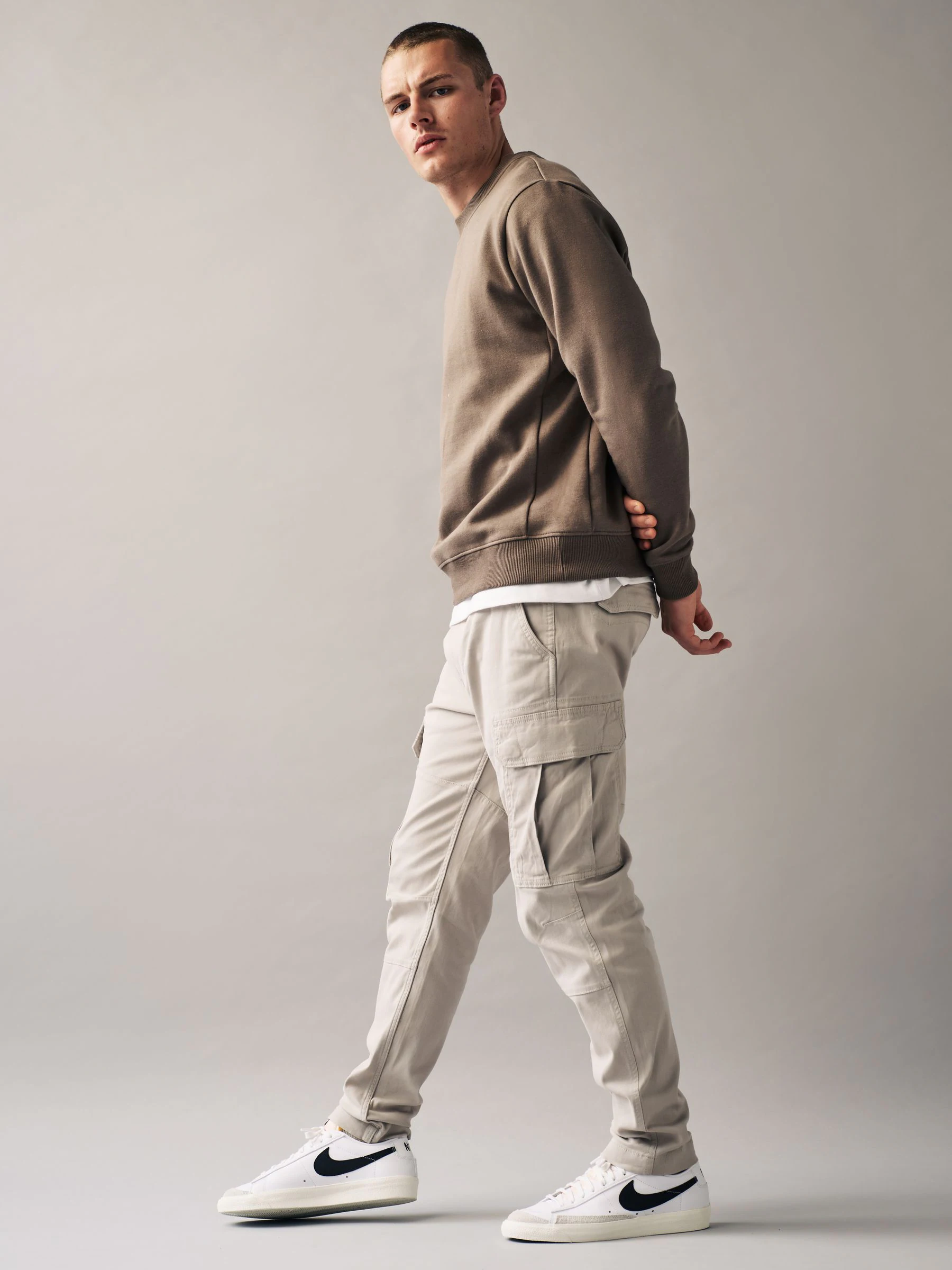 Licht pastelgeel - Slim Fit - Katoenen cargostretchbroek