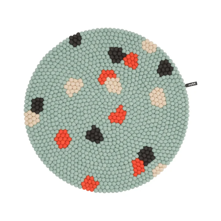 myfelt - Terra Ocean Filzkugelteppich, Ø 90 cm, türkis / rot / beige / grau