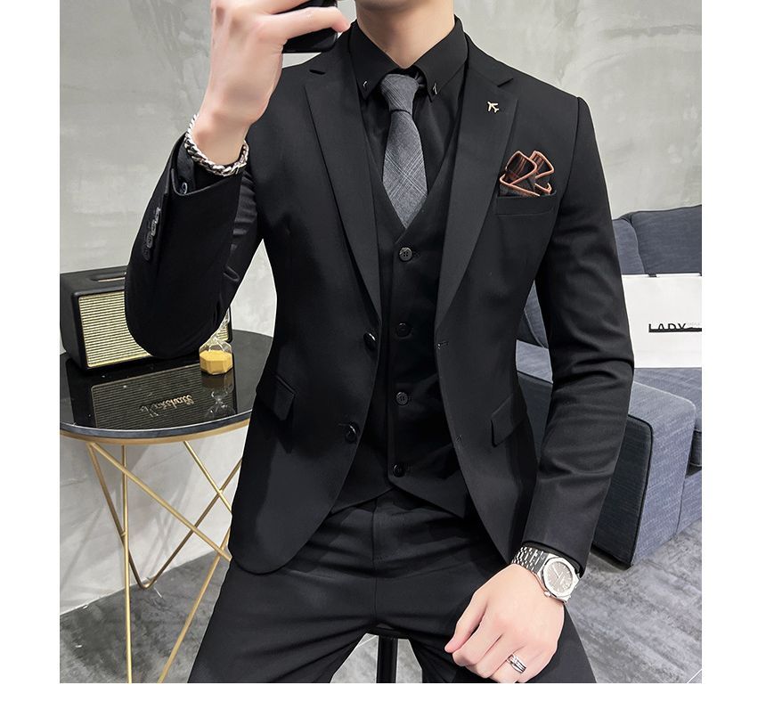 Deepwood - Set: effen enkelrijs blazer + vest + rechte pantalon
