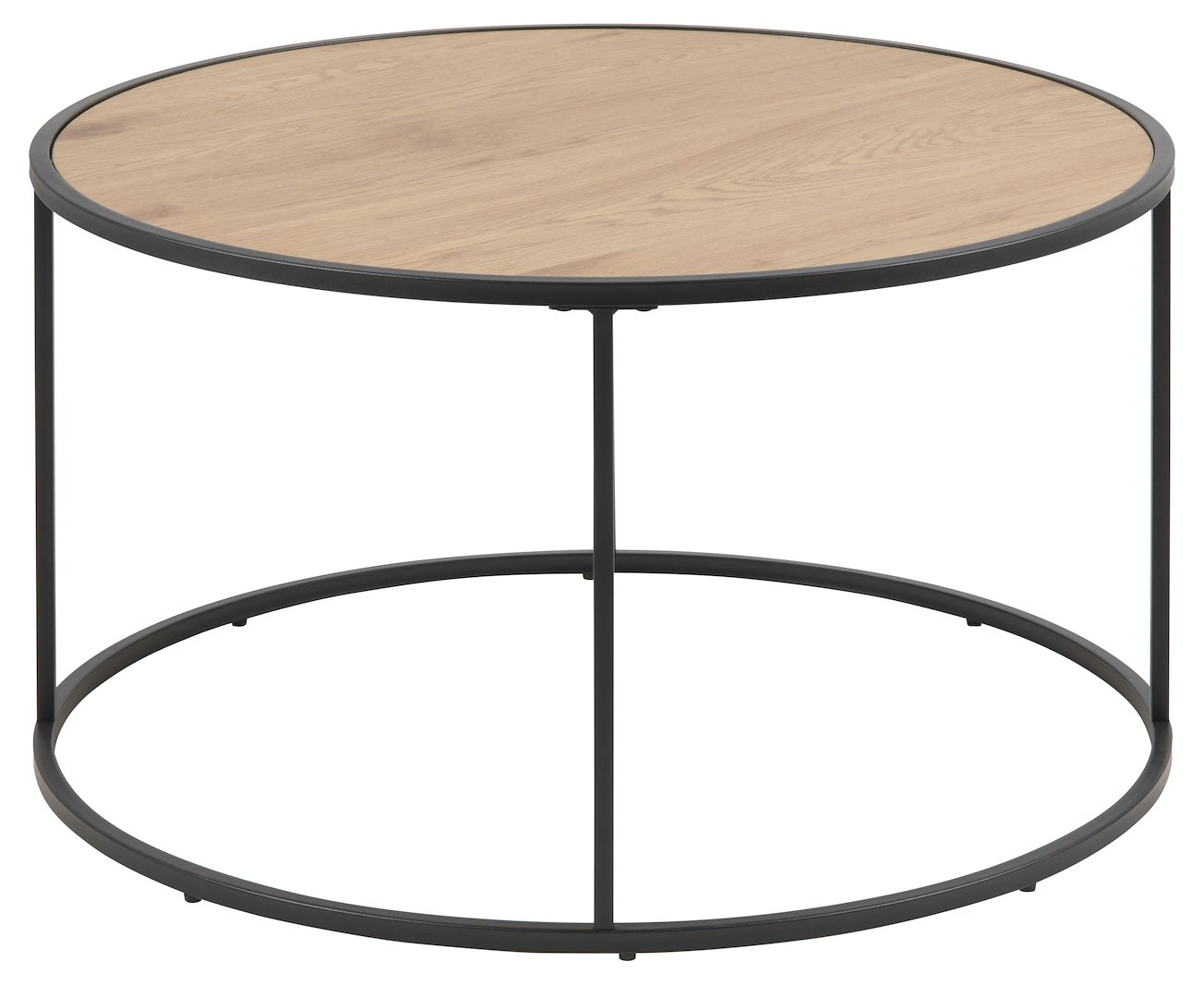 Seaford sofabord Ø80cm. Vill eik foliert med sort metall understell.