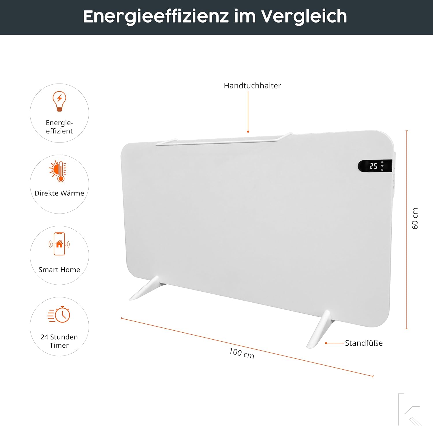 Könighaus 800W Smart -  - Standgerät/Wandmontage - WLAN App-Steuerung mit Fernbedienung - Heizkörper inkl. Handtuchhalter, Standfüße & Befestigung Farbe: Weiß