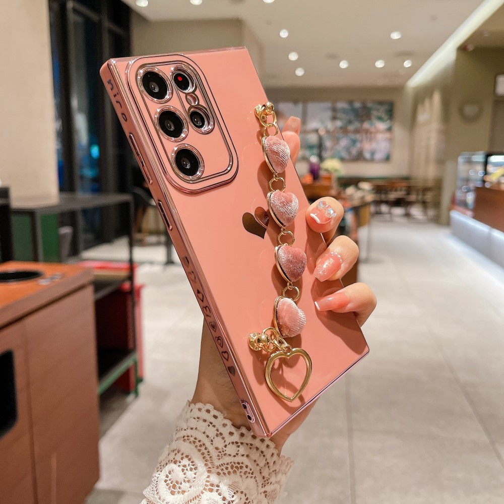 Samsung Galaxy S23 Ultra 5G Gummi Hülle mit Plüsch Herz Kette Handschlaufe   Kameraschutz - Rosa / Gold