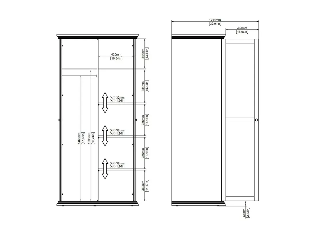 Garde-robe 2 portes Dscapol, Meubles de chambre, Penderie de plain-pied, Placard à vêtements, 96x63 h200 cm, Blanc