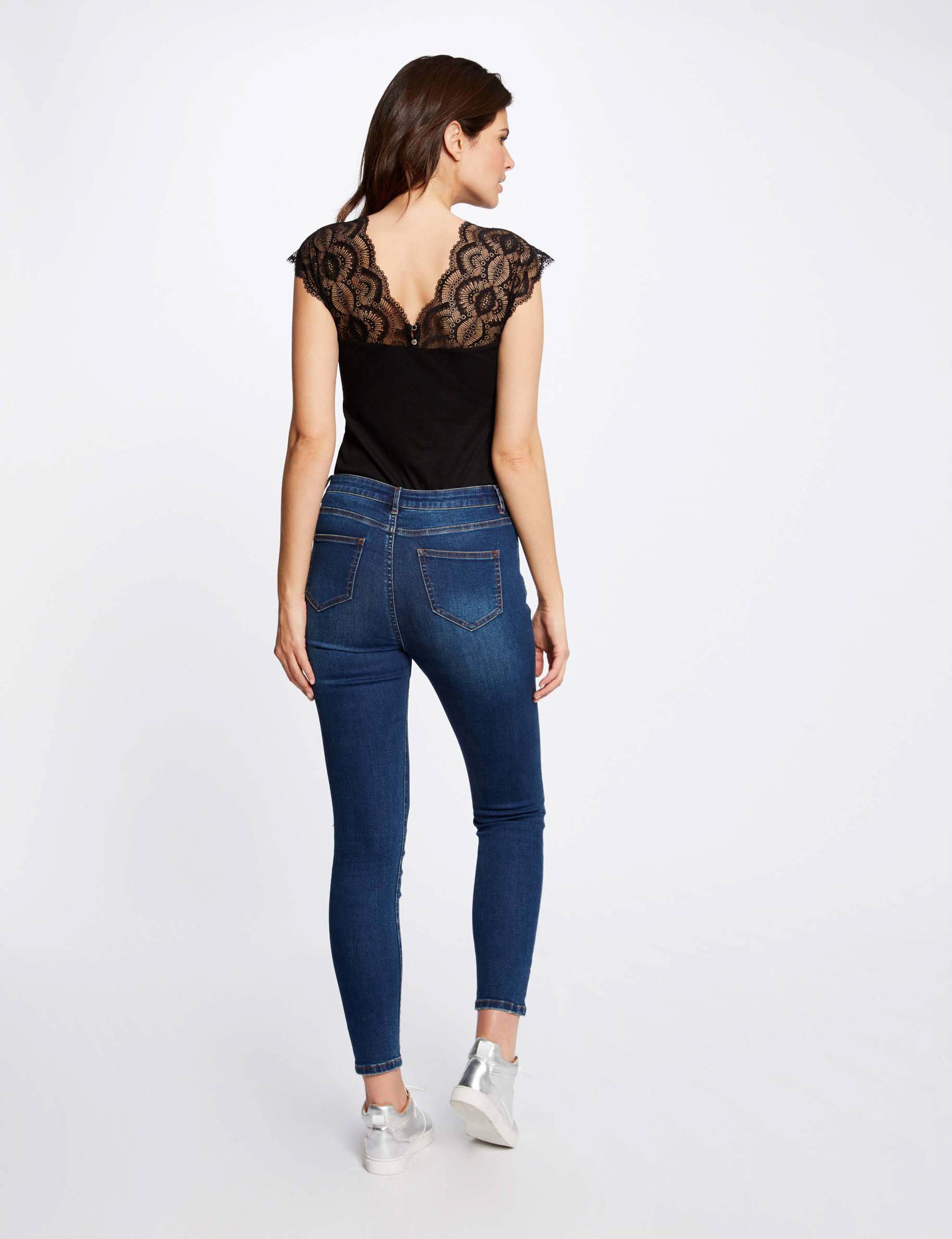 T-shirt manches courtes à dentelle noir femme - noir