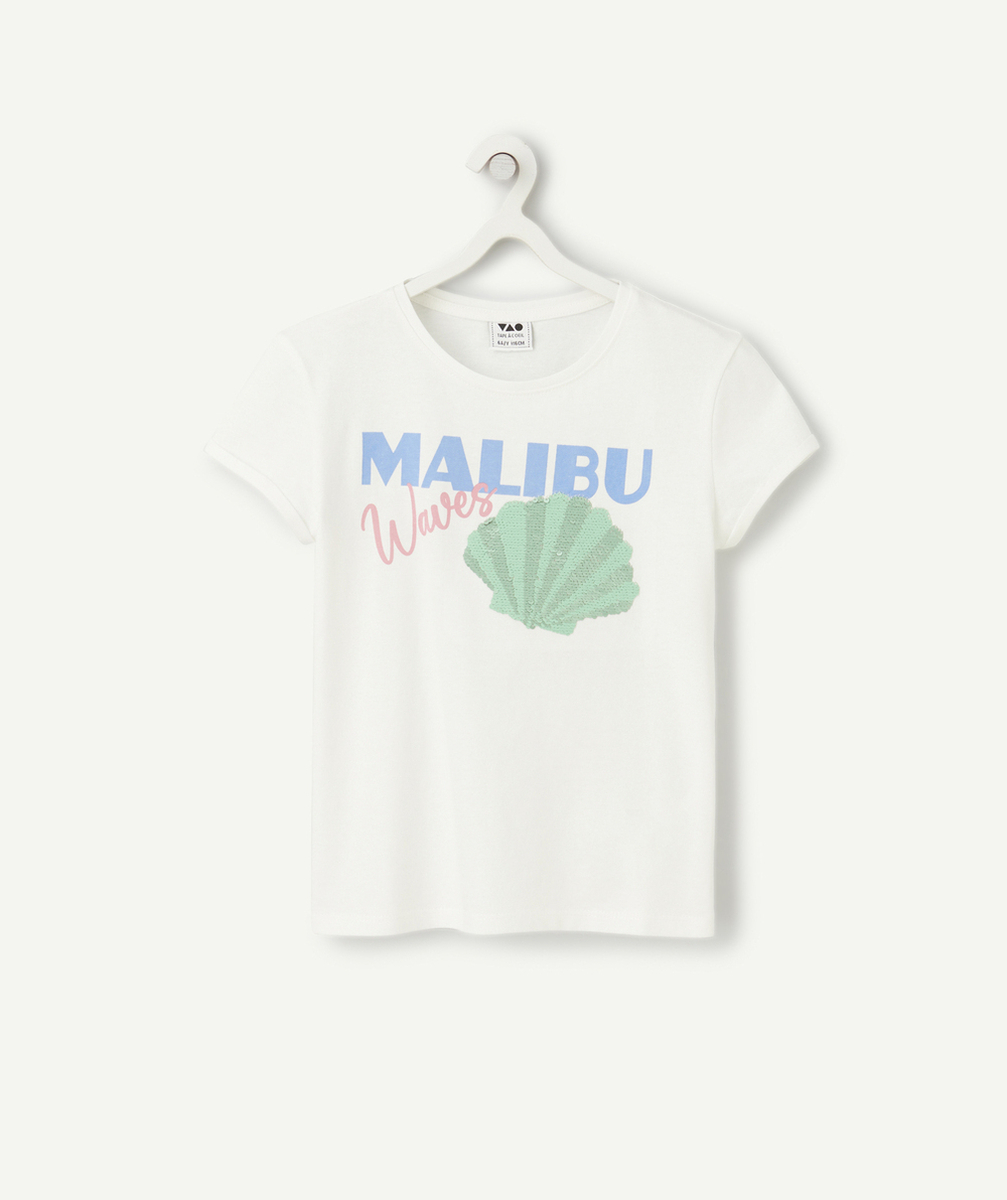 t-shirt manches courtes fille en coton bio blanc motif malibu