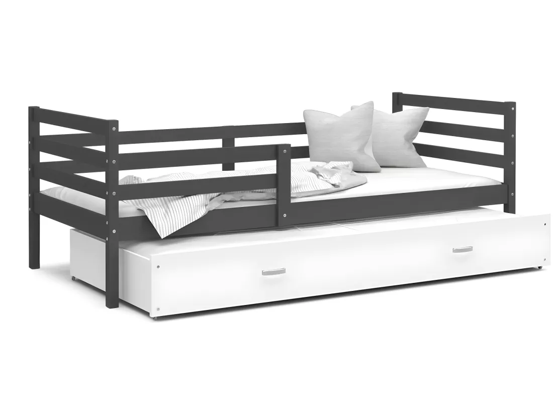 Lit Gigogne Milo 90x190 Gris - blanc Livré avec sommiers, tiroir et matelas en mousse de 7cm