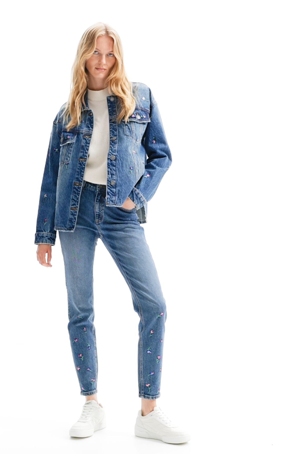 Veste trucker jean fleurs