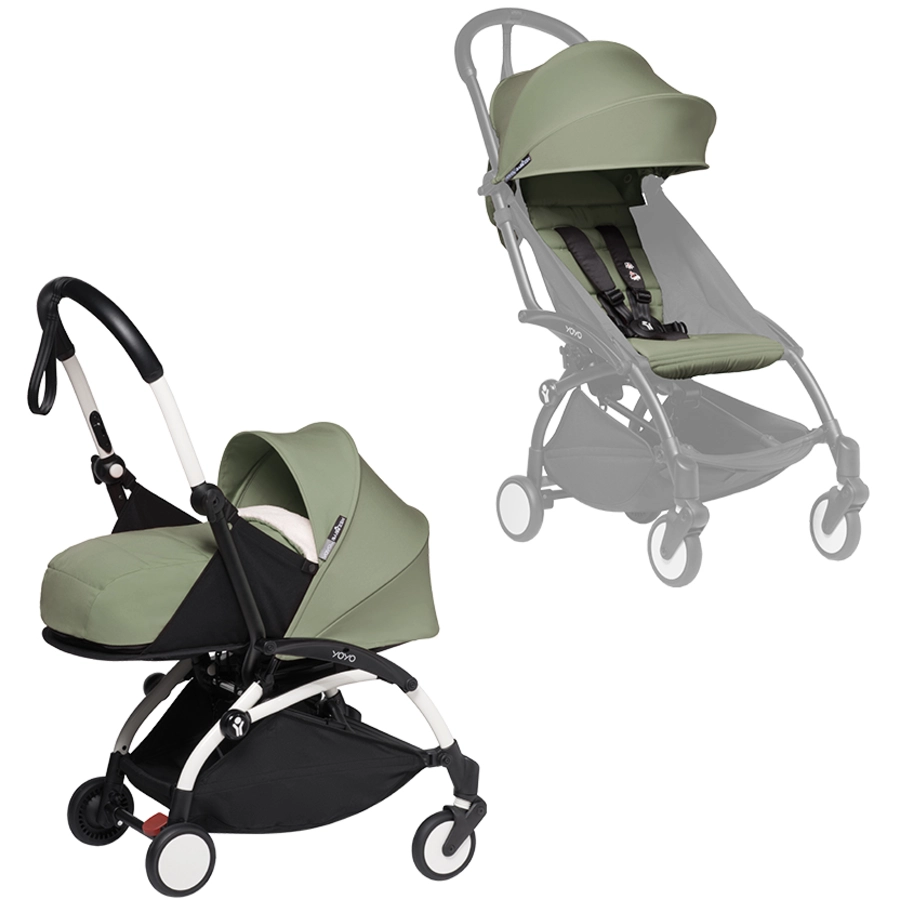 BABYZEN Kinderwagen YOYO2 0+ White mit Neugeborenenaufsatz undTextilset Olive