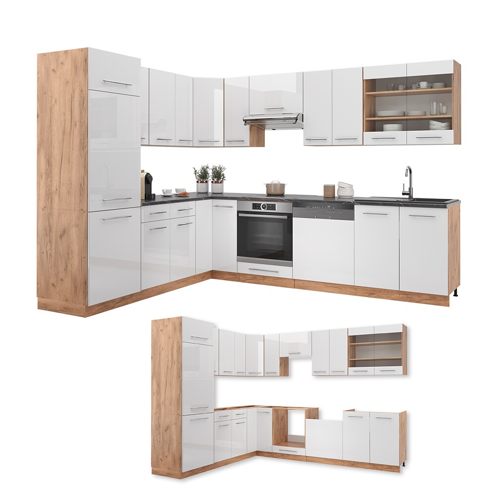 Vicco Eckküche Küchenzeile Einbauküche Fame-Line Eiche Weiß 227x287 cm modern Spülenunterschrank Schubunterschrank Eckunterschrank Herdumbauschrank Hängeschrank Kühlumbauschrank Hängeglasschrank