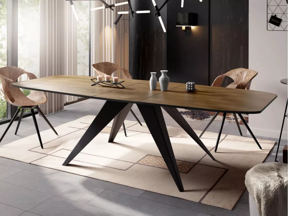 Table à Manger Extensible Style Loft - Table Industrielle Avec Pieds Métalliques Noirs - Design Moderne Pour Salon - 160 Cm Extensible à 200 Cm - Chêne Lefkas