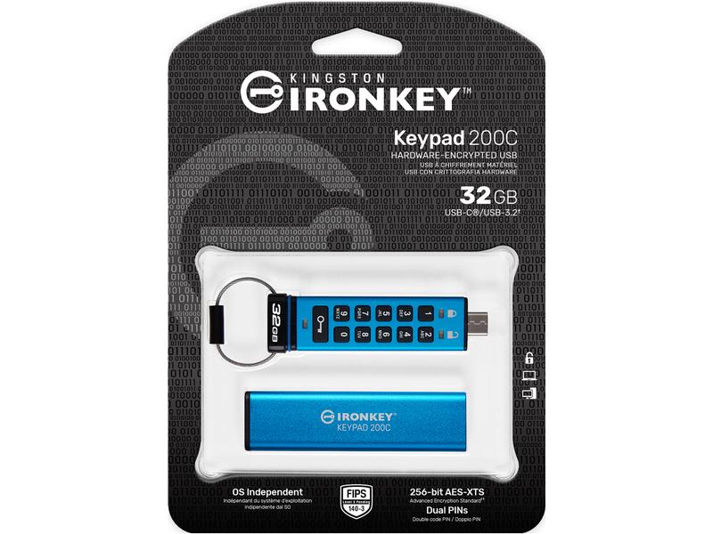 Kingston USB-Stick IronKey Keypad 200C 32 GB Verschlüsselter USB Typ-C Stick mit Tastatur