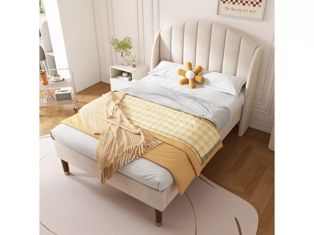 Lit rembourré 90x200cm en velours avec sommier à lattes - Beige