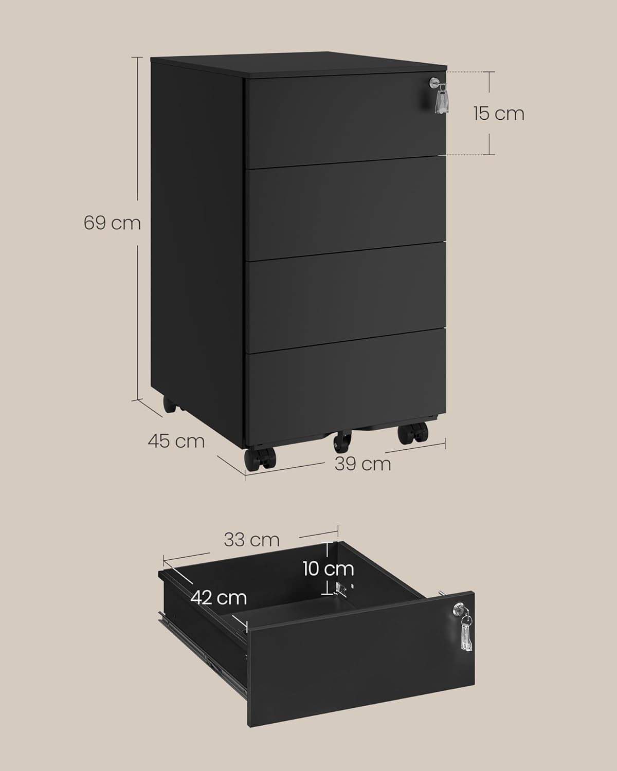 SONGMICS Schubladenschrank, Rollcontainer, mobiler Aktenschrank, Metallschrank, Druckertisch, abschließbar, 4 Schubladen, vormontiert, Büro, Homeoffice, 45 x 39 x 69 cm, tintenschwarz OFC064B16