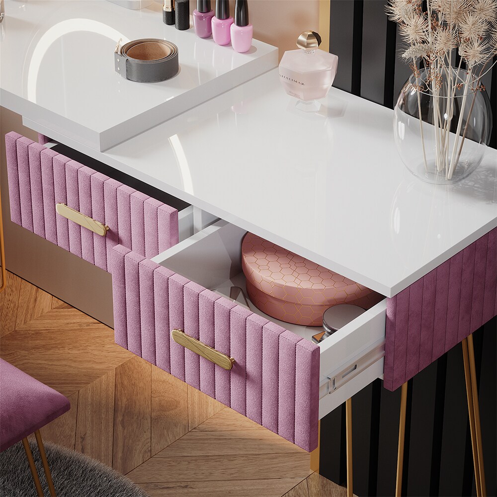 Vicco Schminktisch Frisiertisch Schminkkommode Zoey Weiß Rosa LED-Spiegel Design-Hocker 120x76 cm modern Schlafzimmer Kommode Schublade Ablage Aufbewahrung Touch-Switch Kosmetiktisch Make-Up-Tisch